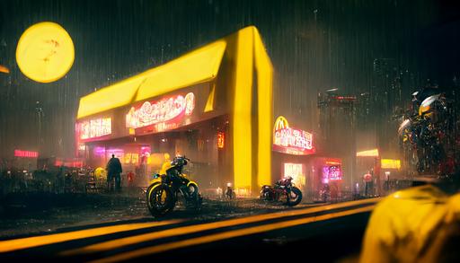 a sin city like environment, yellow neon lighst, motorcycles driving and people standing around at food shops. its night, octane render, wide angle, unreal 5, hyperrealsitic, lost of details, dramatic lighting, tim burton style, concept art, artstation --ar 16:9 --v 2