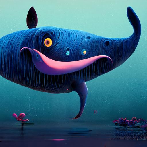 a singing blue cartoon humpback whale swimming in the deep, Nickelodeon cartoon style, Pixar, Tim burton, Lisa frank, Maurice Sendak , artstation, highly stylized, caricatured proportions, adorable, highly detailed, volumetric lighting , octane render, highly expressive anthropomorphic face features.