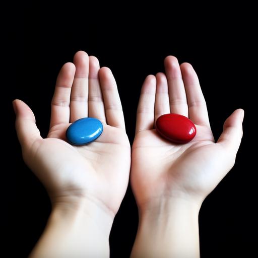 , a single red bean and a single blue bean in a hand --v 5.2 --ar 1:1