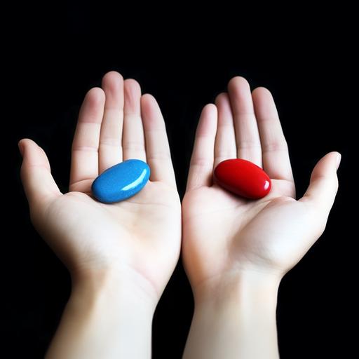, a single red bean and a single blue bean in a hand --v 5.2 --ar 1:1