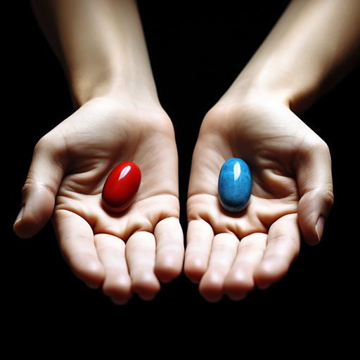 , a single red bean and a single blue bean in a hand --v 5.2 --ar 1:1 --s 215