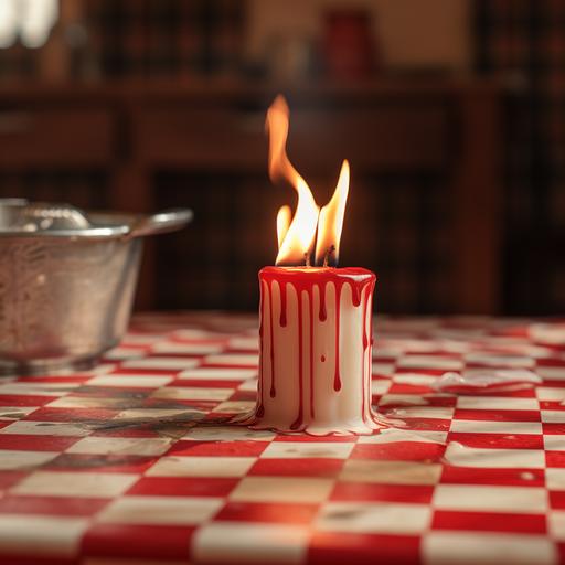 a single wax candle sitting on a table with a red and white checkered table cloth. The candle is melting and the wax is dripping geoglyph onto the table.