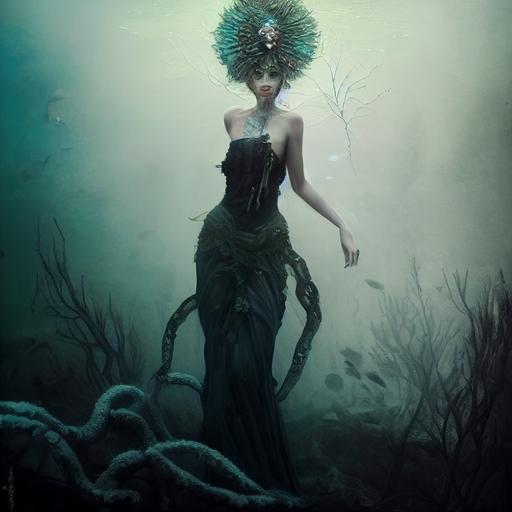 a sinister woman sea Oracle wearing a gown from plastic bags, Pearl crown , ornate, detailed, dark fantasy, mist, shells, coral reef, Actiniaria, kelp, tom bagshaw, Ross Tran --testp --upbeta