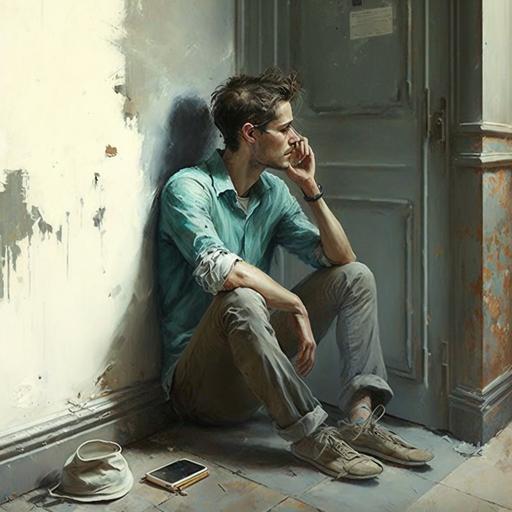 a sitting young man talking through to a wall, painting, --v 4