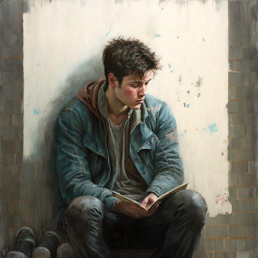 a sitting young man talking through to a wall, painting, --v 4