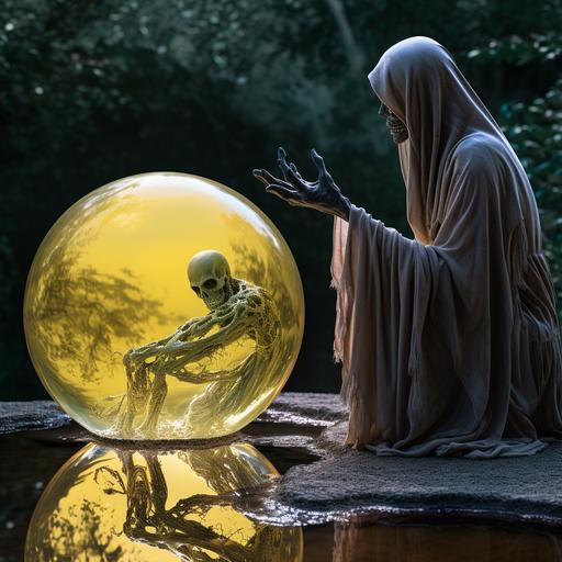 a skeletal Dementor entranced by its own reflection in a dirty garden gazing ball, mystic mechanisms, circulatory pulses, yellow and bronze, madonna and child, historical genre scenes, uhd, ray tracing, haunting emanation, holographic --style raw