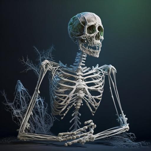 a skeleton body waiting for something, full of cobwebs, mold, as if long forgotten,