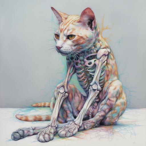a skeleton of a cat crouched dripping in pastel paint colors, realism, bright --v 5.0 --s 250