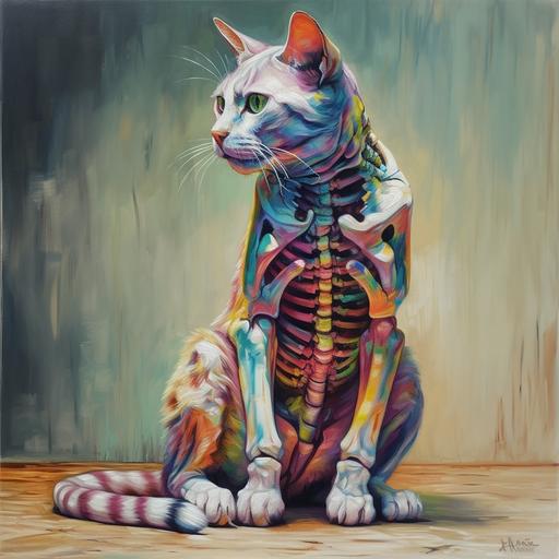 a skeleton of a cat crouched dripping in pastel paint colors, realism, bright --v 5.0 --s 250