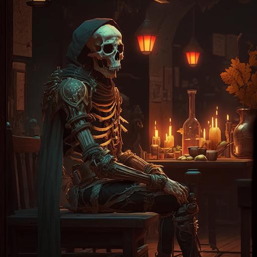 a skeleton waiting for the diablo 4 queue to load in a realistic style