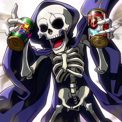 a skeleton with arms raised up, holding cans of soda, in a blue robe with wide sleeves, cartoon drawing picture --sref