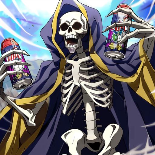 a skeleton with arms raised up, holding cans of soda, in a blue robe with wide sleeves, cartoon drawing picture --sref
