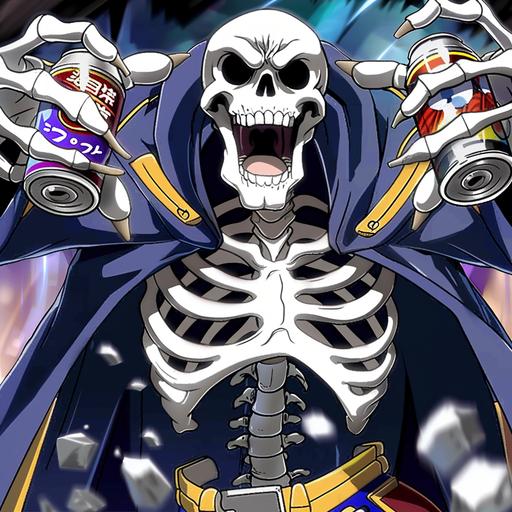 a skeleton with his hands up, holding cans of soda, in a blue robe with wide sleeves, cartoon drawing picture, kind picture --sref