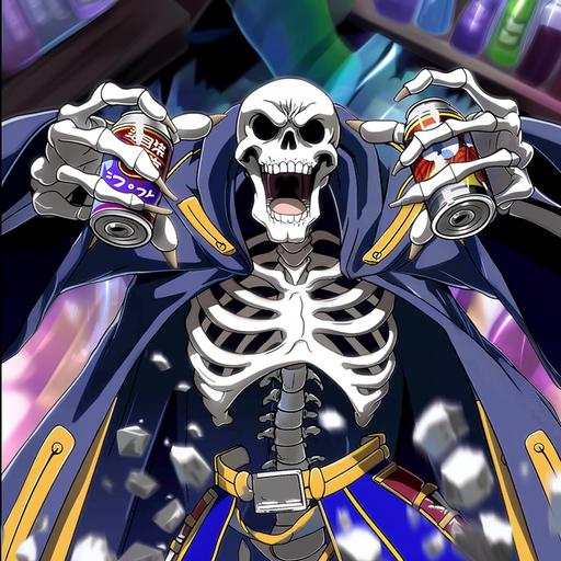 a skeleton with his hands up, holding cans of soda, in a blue robe with wide sleeves, cartoon drawing picture, kind picture --sref