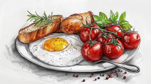a sketch drawing of a hearty breakfast plate of food in Toscany, minimalist single line sketch --ar 16:9 --v 6.0 --s 750