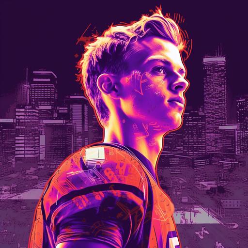 a sketched joe burrow in football gear glancing to the side hand drawn sketch over the Cincinnati neon skyline