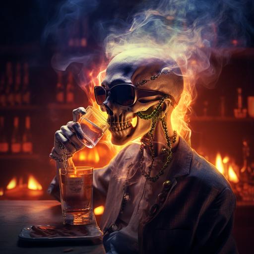 a skull smoking a cigarette . he has headphones set on fire . he has a glass of alcohol in one hand