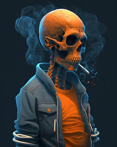 a skull wearing blue jeans and smoke cigarettes, in the style of orange and navy, hip-hop style, mommy's on-the-phonecore, heavy lines, bold character designs, master of ink, animated gifs --ar 16:20