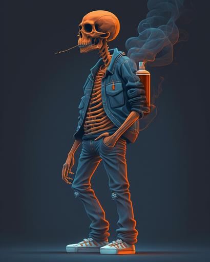 a skull wearing blue jeans and smoke cigarettes, in the style of orange and navy, hip-hop style, mommy's on-the-phonecore, heavy lines, bold character designs, master of ink, animated gifs --ar 16:20