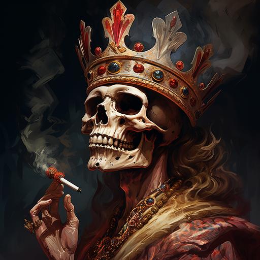 a skull with tilted crown on head smoking a cigar
