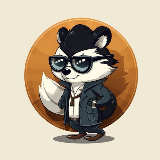 a skunk dressed as a private investigator; big frame glasses; cartoon character; Adventure Time cartoon style; 1970's inspired; flat design;