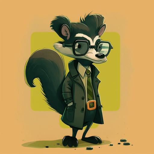 a skunk dressed as a private investigator; with big glasses; cartoon character; Nickelodeon style --v 4