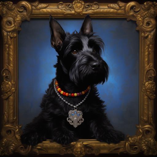 a sleek black Scottish terrier with sad puppy eyes, within an empire style ornate maximalist gold frame, art deco jewelry around dogs next, gold, blue, red complimentary colors