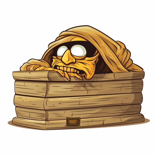 a sleepy cartoon of an Egyptian mummy in his coffin. use white background