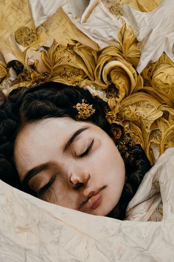 a sleepy girl snoozing in her baroque bed, cute, single face, detailed, full-body portrait, symmetrical, silk paper collage, 4k, insanely detailed and intricate, rule of thirds, elegant, cinematic --ar 5:8