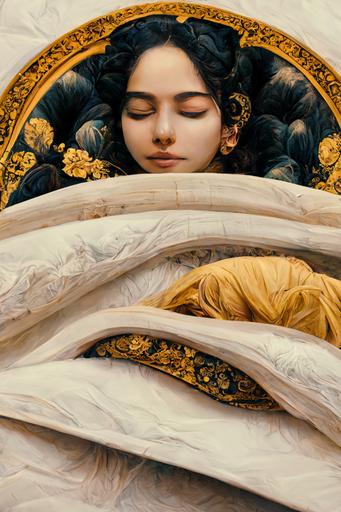 a sleepy girl snoozing in her baroque bed, cute, single face, detailed, full-body portrait, symmetrical, silk paper collage, 4k, insanely detailed and intricate, rule of thirds, elegant, cinematic --ar 5:8