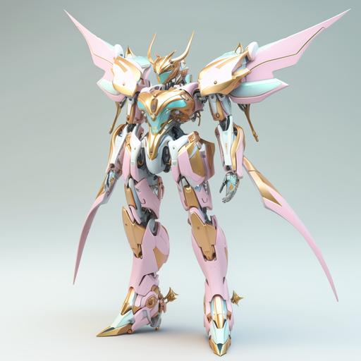 a slender and delicate angelic gunpla with a sky blue to pink gradiant and burnished gold color scheme, 8k, unreal engine 5, 3d modeling, photo realistic, plastic model