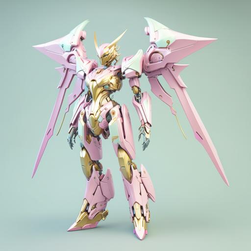 a slender and delicate angelic gunpla with a sky blue to pink gradiant and burnished gold color scheme, 8k, unreal engine 5, 3d modeling, photo realistic, plastic model