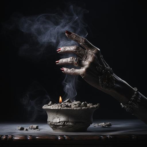 a slender vampire hand with long fingernails reaching down to ash a cigarette to an ashtray