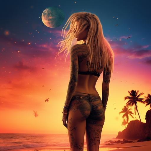 a slender woman with tattoos, with long blonde dreadlocks, side profile, standing on a beach, her dreadlocks go down to her waist, full body shot, the time of day is sunset, the sky is blazing orange, fading into pink, then finally fading Into dark blue, in the background there are stars, the feint outline of another planet can be seen in the distance, there are stars in the sky, kingdom hearts art style