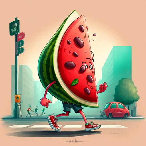 a slice of watermelon as a cartoon character, walking down the street, whistling, cartoon style, bright colors