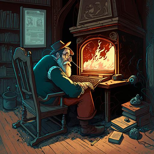 a slumped-over middle aged graphic designer working on a macintosh computer while sitting in a dickensian office setting with an old-fashioned wood-burning stove as the source of heat