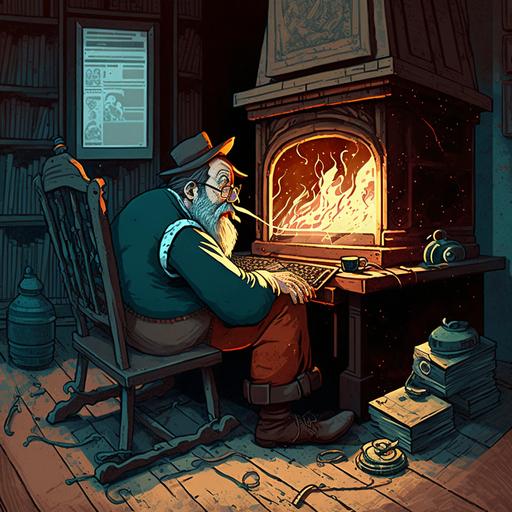 a slumped-over middle aged graphic designer working on a macintosh computer while sitting in a dickensian office setting with an old-fashioned wood-burning stove as the source of heat