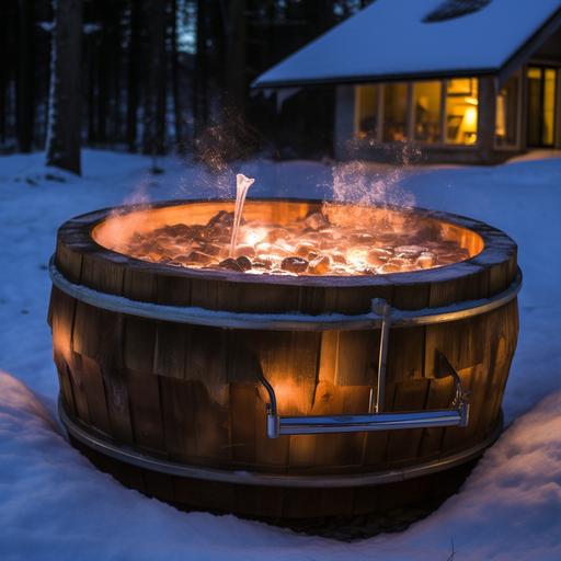 a small barrel-shaped one-person hot tub filled with ice