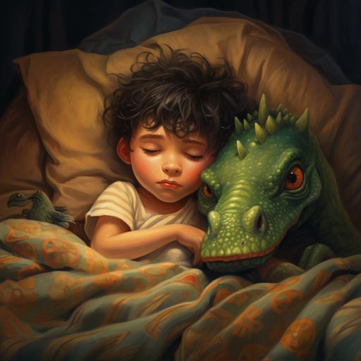 a small bed is falling asleep in his bad hugging a tiny toy saturnalia dinosaur. The boy's head is on the pillow.