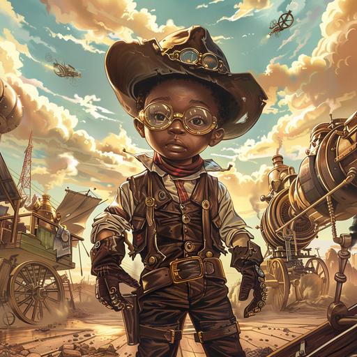 a small black boy with glasses in the Wild west surrounded by steampunk inventions