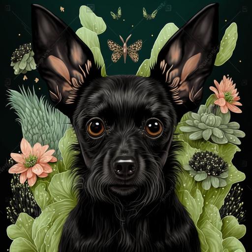 a small black terrier dog with big ears big eyes and fairy wings surrounded by flowers --v 4