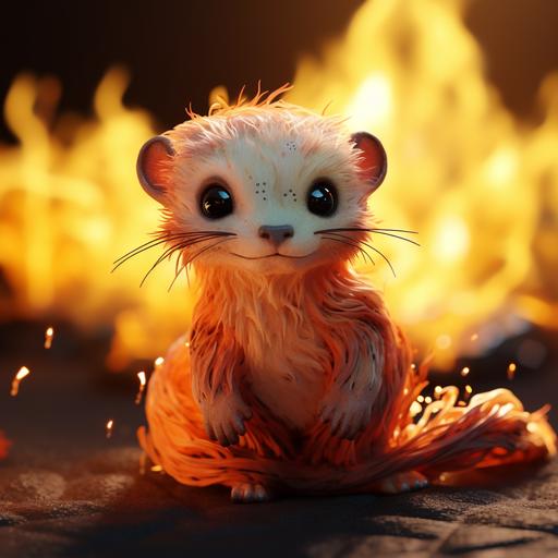 a small catlike ferret made out of fire, anime art style, cute, cuddly