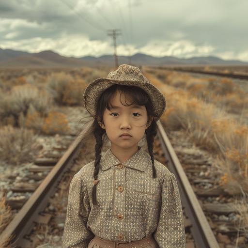 a small chinese girl in the Wild West next two a railroad track