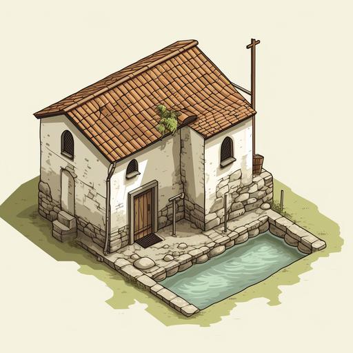 a small church, with simple roof, one single simple door on one side, along a small stream of water in Gubbio urban centre, isometric view, thick lines, drawing style