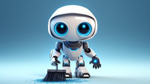 a small cute white robot, with blue eyes, sweeping with a broom --ar 16:9