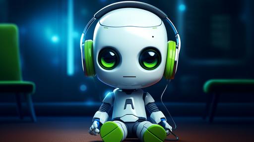 a small cute white robot, with green eyes, wearing headphones and sitting on a chair --ar 16:9