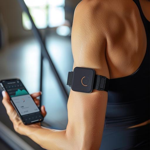 a small device with a black band for muscle analysis which is placed on a bicep of a neutral person connected by bluetooth to a phone and shows data on it