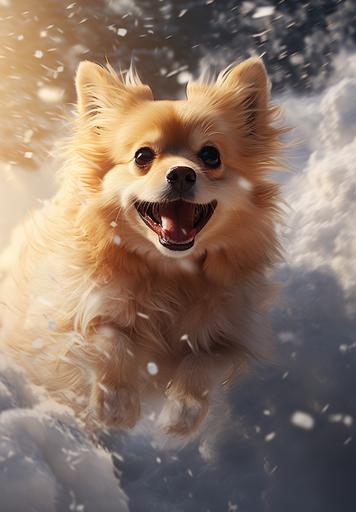 a small dog running through a snowstorm in the snow, in the style of light orange and light gold, photo-realistic techniques, kawaiipunk, gigantic scale, cranberrycore, emotive faces, meme art --ar 89:128 --s 250