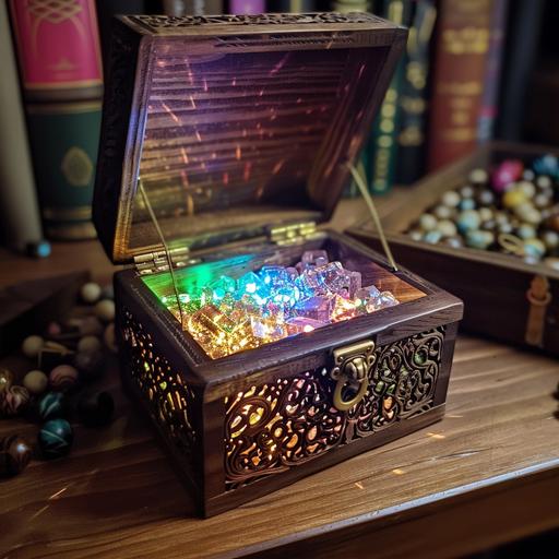 a small elegantly carved and etched filigree wooden box, dark brown wood, open lid with a golden latch, filled with multicolored glowing crystal beads, dnd magic item, cluttered shelf backdrop, dynamic lighting