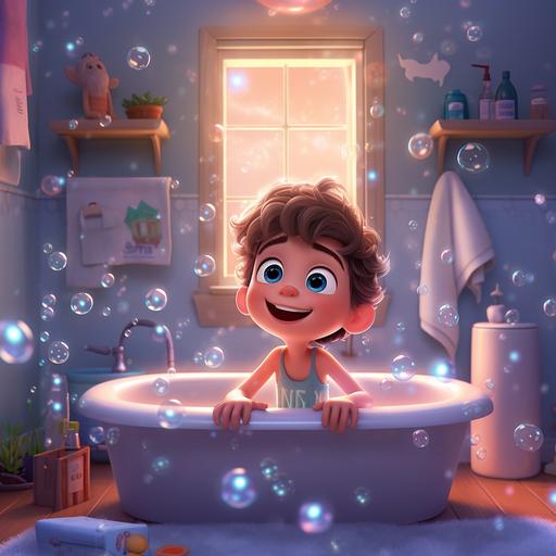 a small empty bathroom, white tile, lights inside, cealing lamp, small rectangular top window in the back, white tile walls, nightime outside, there is a with a white bathtub filled with water and bubbles coming out,water splashes, magical light inside the bathtub, front view of the bathtub, toys, cartoon, cute, full color, luca from disney movie graphic style,marvel, cute, no people inside, soap, childrens book illustration.